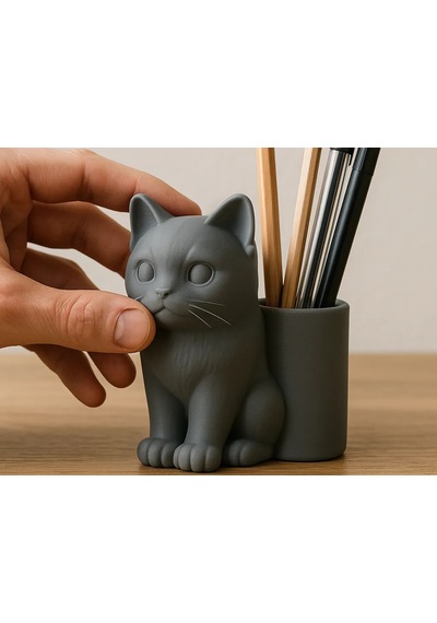 3d Baskı Kedi Figürlü Kalemlik - Masaüstü Organizer - Gri Çok Renkli