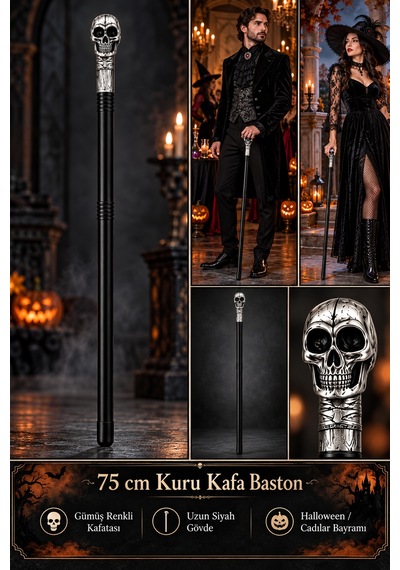 Halloween Cadılar Bayramı 75 Cm Kuru Kafa İskelet Başlı Siyah Kostüm Bastonu Parti Aksesuarı