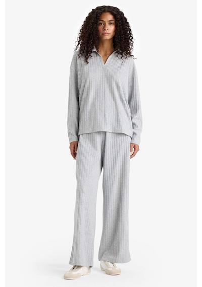 Defacto Relax Fit Polo Yaka Fitilli Kaşkorse Uzun Kollu Tişört F1007ax25augr210 Gri