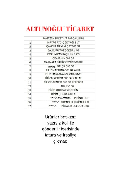 Ramazan Kumanya Erzak Paketi Gıda Kolisi 17 Parça Ürün