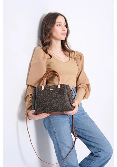 Just Polo Kadın Baskılı Ayarlanabilir Askılı Shopper El & Omuz Çantası Shoulder Bag Kahverengi - Taba