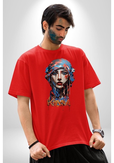 Khansa Eşarp Kadın Tasarımı Pamuklu Bisiklet Yaka Unisex Oversize Boyfriend Dijital Baskılı Kırmızı T-shirt Kırmızı