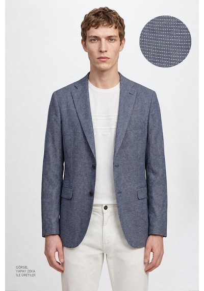 Altınyıldız Classıcs Erkek Mavı Yünlü Slim Fit Dar Kesim Mono Yaka Kapak Cepli Armürlü Blazer Ceket Mavi