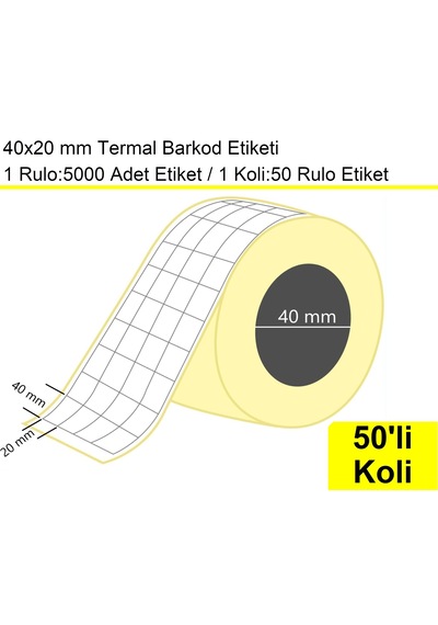 40x20 Mm Termal 4'lü Ürün Barkod Etiketi 1 Rulo:5000 Adet / En:20 Mm Boy:40 Mm / Yan Yana 4'lü Sarım 50