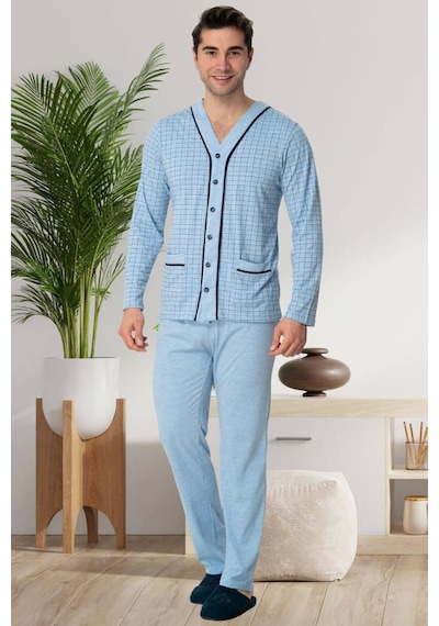 Mecit Pijama Mecit 22767 Erkek Mavi Önden Düğmeli Büyük Beden Pijama Takımı