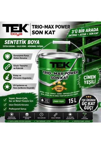 Trio-max Power 3'ü Bir Arada Sentetik Çatı Sacı Boyası Çimen Yeşili Antipas-astar-son Kat 15 Litre