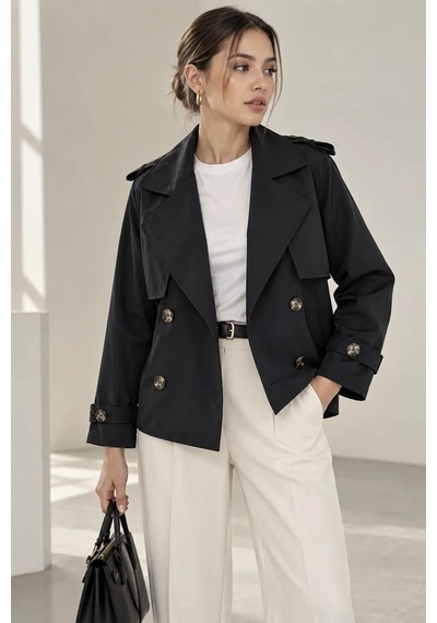 Bb Butik Basic Kısa Kruvaze Trençkot Düğme Detaylı Modern Kesim Qn3434 Siyah