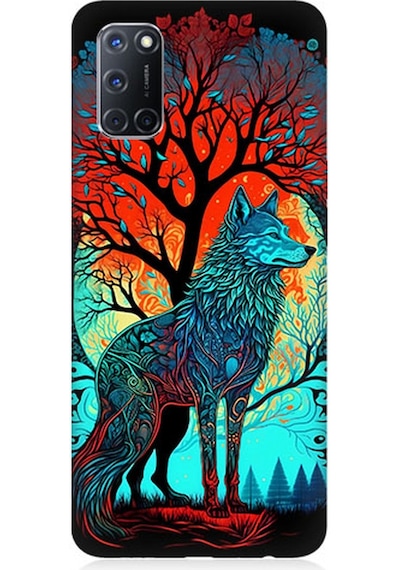 Oppo A52 Uyumlu Silikon Kılıf Tribal Vitray Kurt Ve Ağaç