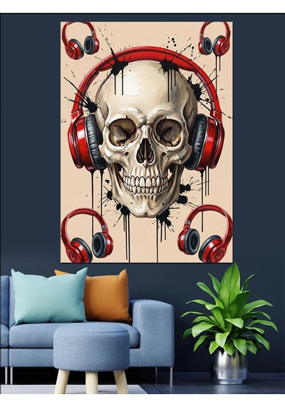 Ahşap Tablo Kulaklıklı Kafatası Müzik Aşkı