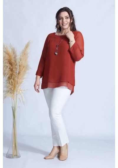Moda Berray 1934 Kolyeli Şifon Büyük Beden Şık Bluz Tarçın Tarçın