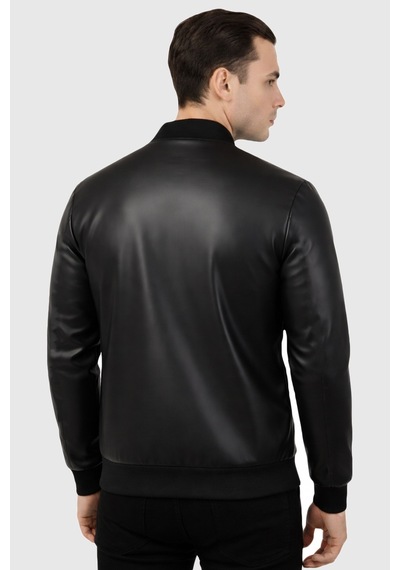 Rizzup Siyah Kaplan Taş Detaylı Slim Fit Likralı Kolej Yaka Erkek Suni Deri Ceket 2600927
