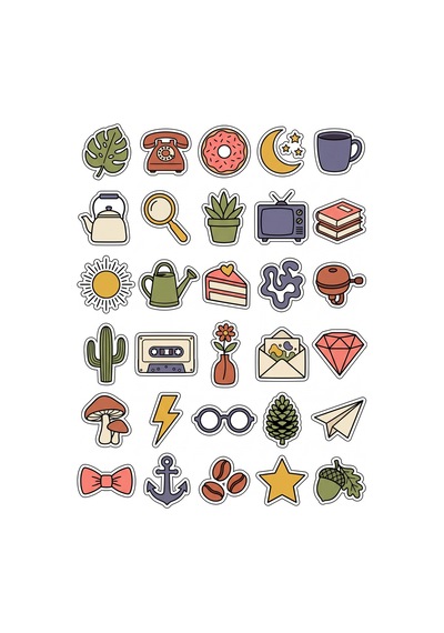 30 Adet Retro Estetik Botanik Ve Obje Sticker Seti - Laptop Defter Ajanda Çok Renkli