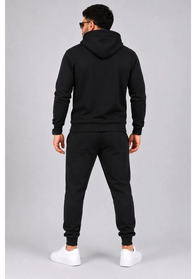 Abluka Online Erkek İki İplik Kapüşonlu Kanguru Cepli Sweatshirt Jogger Pantolon Alt Üst Eşofman Takımı -siyah