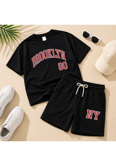 Erkek Çocuk Slogan Yazı Nakışlı T-shirt - Şort Alt Üst Takım Siyah