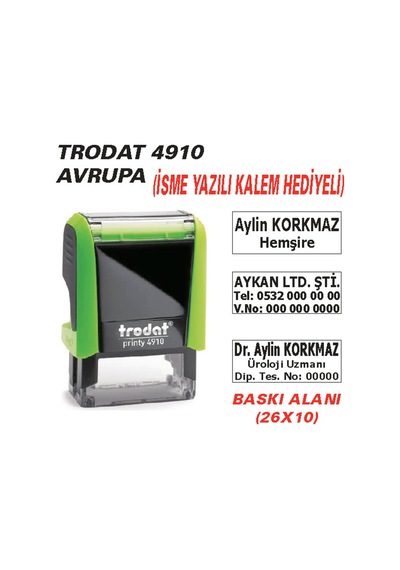 4910 Trodat Yeşil - İsim Ünvan Kaşesi - İsim Yazılı Kalem Hediyeli Çok Renkli