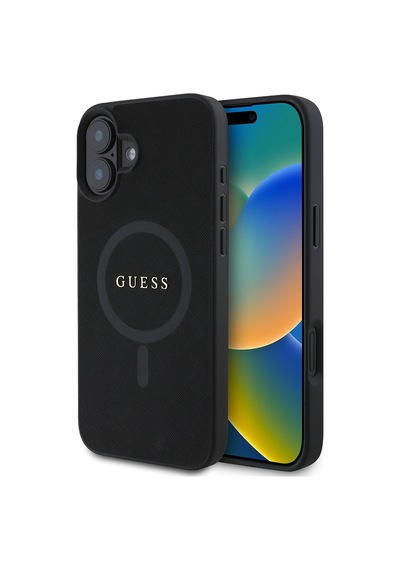 Apple iPhone 16 Uyumlu Kılıf Guess Lisanslı Magsafe Şarj Özellikli Yazı Logolu Saffiano Classic Siyah