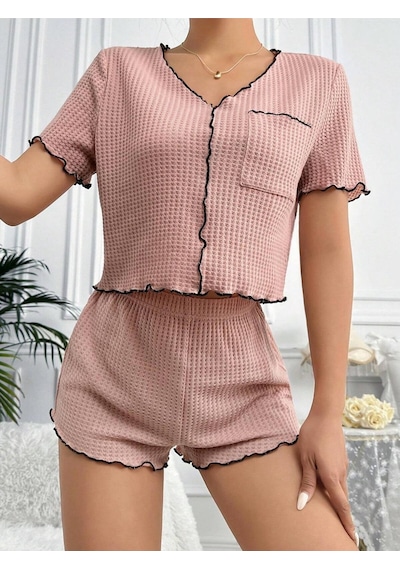 Bella Notte Gül Kurusu Pamuklu Özel Örme Kumaş Pijama Takımı Pembe