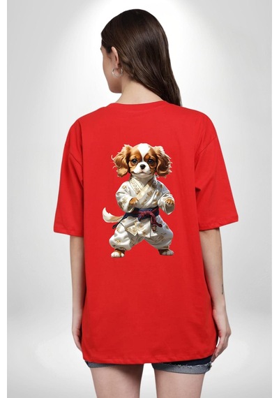 Cavailer King Charles Spaniel Karate Kırmızı Oversize Unisex Ön Ve Sırt Baskılı Tişört Kırmızı