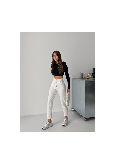 Blue Marlın Kadın Beyaz Patlet Düğmeli Kemer Büzgülü Mom Jeans Beyaz