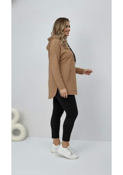 Koza Butik Kadın Büyük Beden Uzun Kollu Kapüşonlu Kanguru Cepli Sweatshirt 2016 Bej