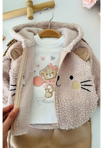 Minigimin Cicileri Kedi Figürlü Peluş Ceketli, Baskılı Tişörtlü Ve Fırfır Paçalı Kız Bebek 3 Lü Takım - Bej Minigimin Cicileri Kedi Figürlü Peluş Ceketli, Baskılı Tişörtlü Ve Fırfır Paçalı Kız Bebek 3 Lü Takım - Bej