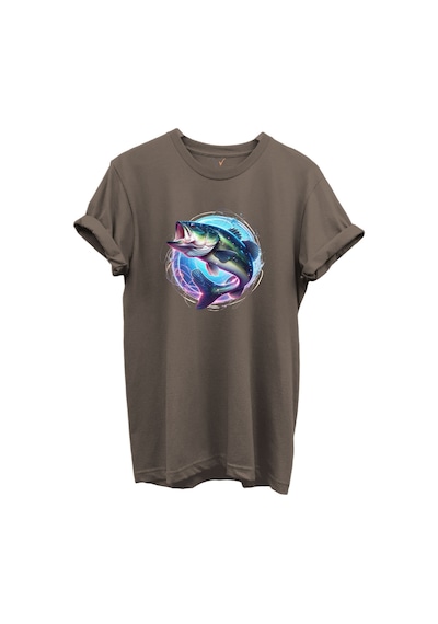 Renkli Neon Balık Desenli %100 Pamuk Regular Fit Unisex T-shirt Kahverengi