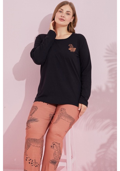 Siyah İnci Pamuklu Curve Büyük Beden Battal Boy Örme Pijama Takım24240734 Siyah