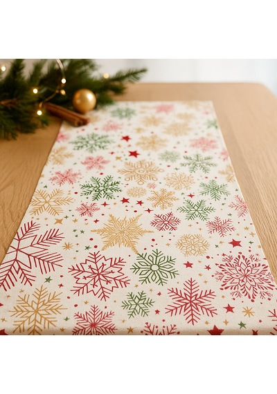 Yılbaşı Temalı Masa Runner I Krem Zeminli, Renkli Kar Tanesi Desenli 40x140 Cm Bej - Krem