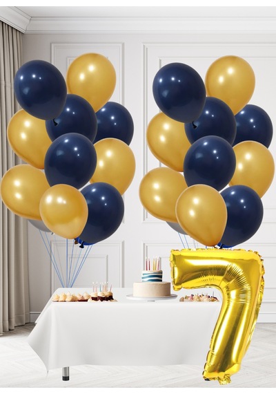 7 Yaş Sarı Lacivert Taraftar Temalı Doğum Günü Seti Altın Kozmik Lacivert Balonlar Altın Folyo Rakam Altın