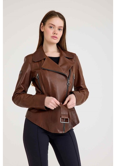 Regular Biker Bayan Deri Ceket Vb-7 Bk-1653 - 20303 Kahverengi