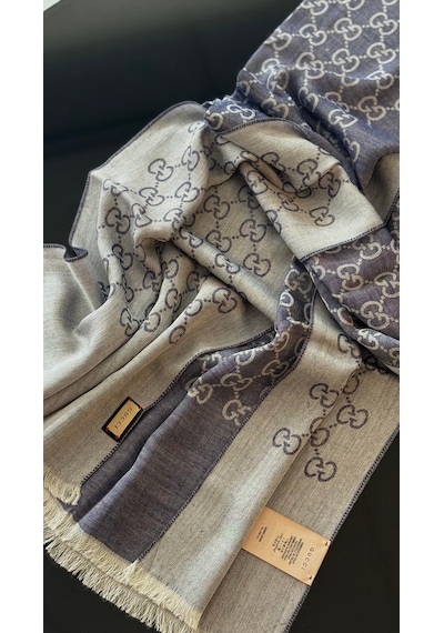Miorel Scarfs İnce Kumaş G Desen Pamuklu Şal Yün İpek Şal 4 Mevsim Çift Taraflı Kot Mavi