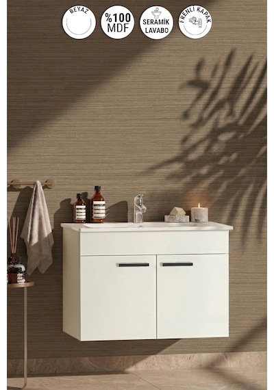 Özceden Petunya 80 Cm Beyaz Mdf Seramik Lavabolu Asma Banyo Alt Dolabı