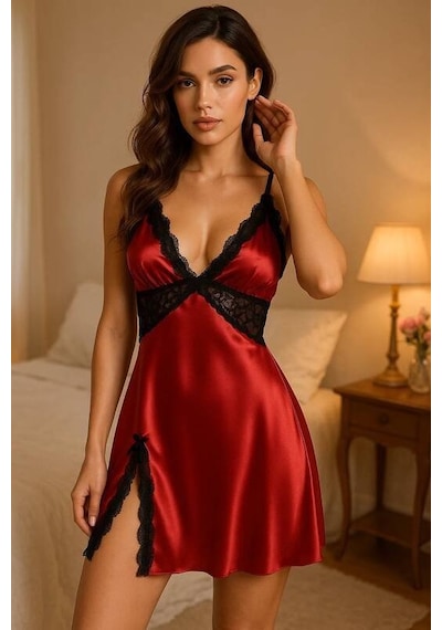 İntive Lingerie Kadın Kırmızı Saten Dantel Detaylı Gecelik