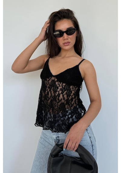 Madmext Siyah Askısı Ayarlanabilir Dantelli Bluz Mg2348
