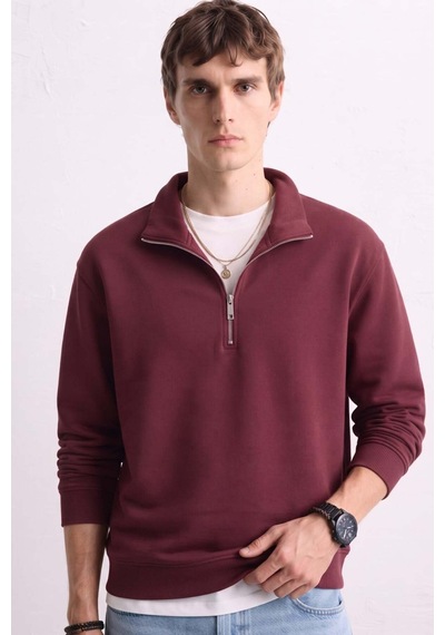 Barrels And Oıl Erkek Yarım Fermuarlı Dik Yaka Sweatshirt - Vişne Vişne