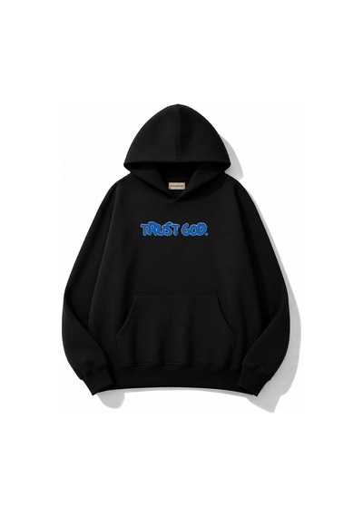 Herkesemoda Trust God Baskılı Kanguru Cepli Oversize Sweatshirt Siyah
