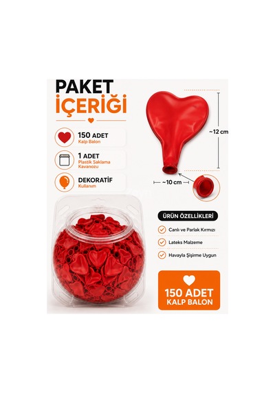Kids & Kids 150'li Kalp Balon Seti Plastik Saklama Kavanozlu Pompa Hediyeli Sevgililer Günü, Evlilik Teklifi, Nişan Ve Düğün Dekor Balonu Kırmızı