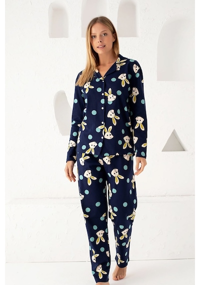 Siyah İnci Lacivert Pamuklu Düğmeli Pijama Takım