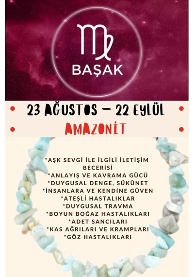 Gümüştel El Sanatları Sertifikalı Burç Taşı Başak Burcu Amazonit Taşı Bileklik Çok Renkli
