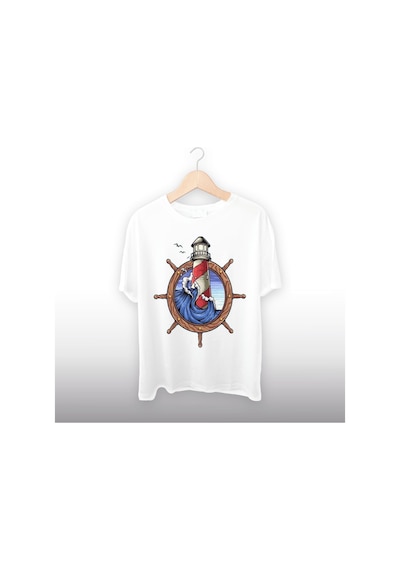 Deniz Feneri Detaylı Unisex Tişört Beyaz
