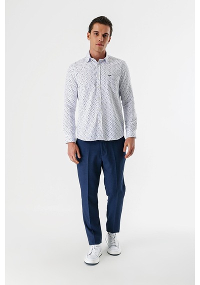 İmza Beyaz Uzun Kollu Baskılı Bez Ayağı Düğmeli Yaka Cepsiz Pamuklu Slim Fit Gömlek 1004235170 Duman Beyaz