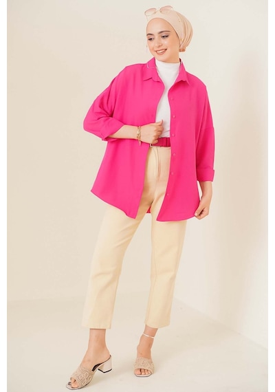 Bigdart 103901 Oversize Basic Tesettür Gömlek - Koyu Pembe 001