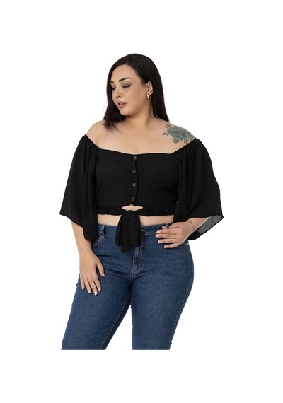 Disentis Büyük Beden Geniş Kollu Beli Lastik Ve Büzgülü Crop Siyah Bluz-siyah Siyah
