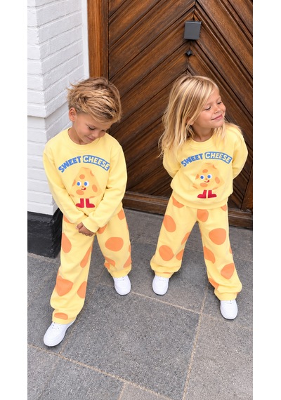Elzo Collection Unisex Sweet Chesee Baskılı Sweatshirt Baskılı Eşofman Alt Üst Takım Sarı