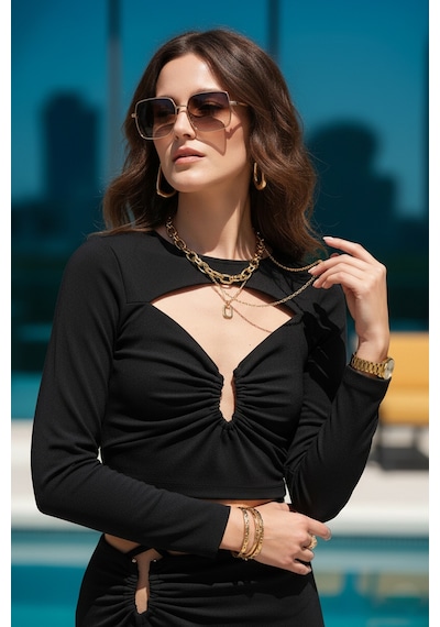 Fashion Cocktail Toka Aksesuarlı Uzun Kol Crop Yırtmaçlı Beli Bağlama Midi Etek Takım Siyah Siyah Fashion Cocktail Toka Aksesuarlı Uzun Kol Crop Yırtmaçlı Beli Bağlama Midi Etek Takım Siyah Siyah