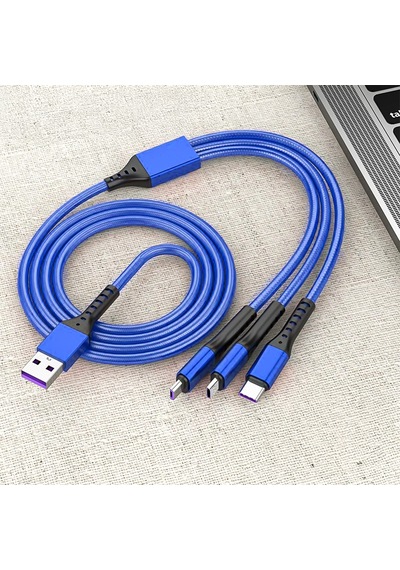 Hasır, 3 İn 1, Şarj Kablosu, Lightning & Micro Usb, Type-c, Apple Uyumlu iOS , - Mavi