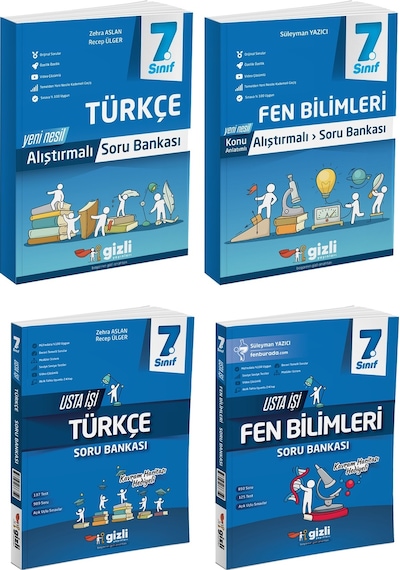 Gizli 2025 7. Sınıf Türkçe + Fen Bilimleri Alıştırmalı + Usta İşi Soru Bankası Seti 4 Kitap Güncel Müfredat