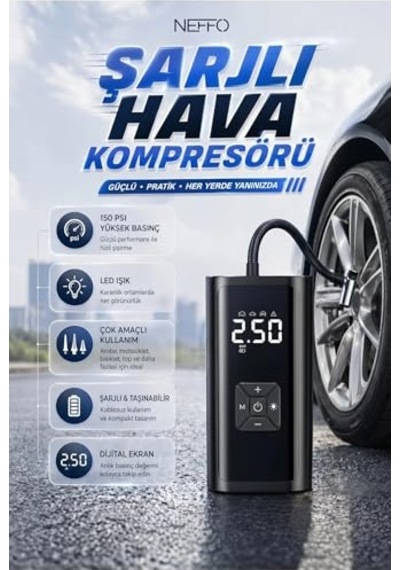 150 Psı Şarjlı Hava Kompresörü 4500mah Lcd Ekranlı Taşınabilir Lastik Şişirme Hava Pompası Powerbank
