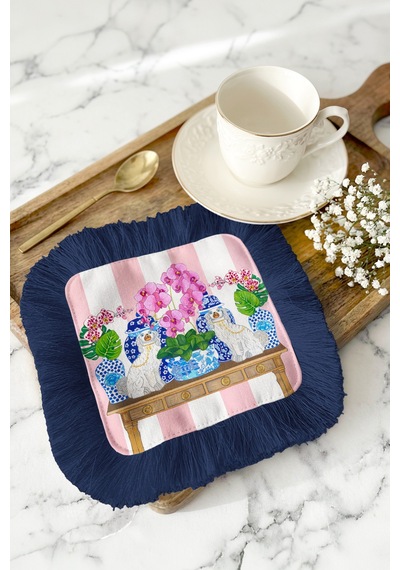Chinoiserie Stil Saçaklı Sunum Dekorasyon Mendili-pastoral Glam Eklektik Lacivert Kahve Yanı Peçete Çok Renkli