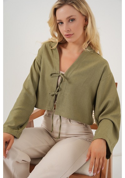 Bigdart Önü Bağlamalı Keten Kimono 960 - Çağla Çağla Yeşili